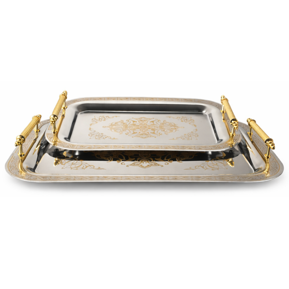 Park&Oz Set of 2 Stackable Stainless-Steel Trays – 14.5'' x 9.8'' Elegant Rectangle Ottoman-Style Decorative Trays – Multi-Purpose Non-Tarnishing Serving Trays for Coffee, Beverages, and Home Decor (BLACK)