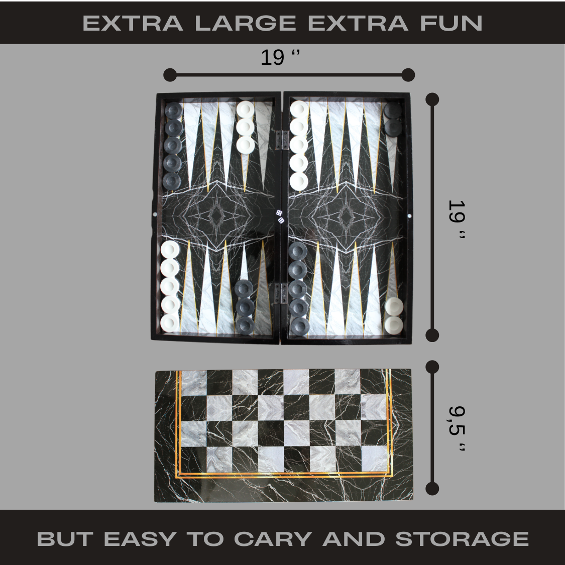 PARK & OZ Premium Turkish Backgammon and Checkers Set 19 Inch Handmade (BLACK MARBLE)