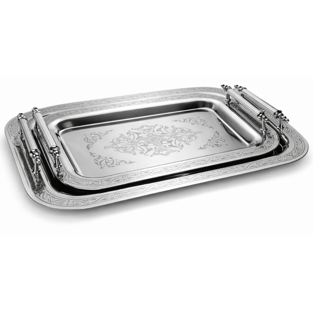 Park&Oz Set of 2 Stackable Stainless-Steel Trays – 14.5'' x 9.8'' Elegant Rectangle Ottoman-Style Decorative Trays – Multi-Purpose Non-Tarnishing Serving Trays for Coffee, Beverages, and Home Decor (SILVER)