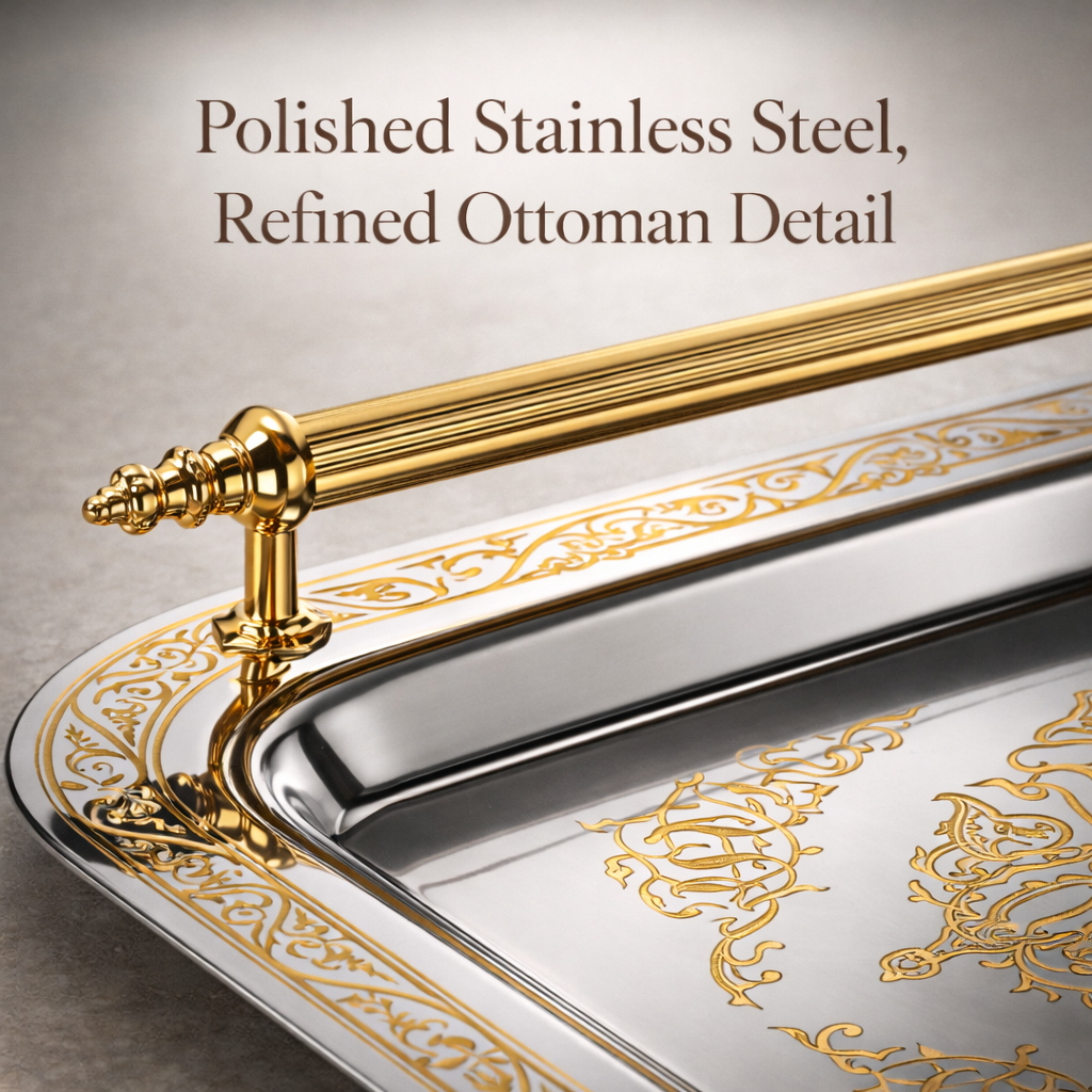 Park&Oz Set of 2 Stackable Stainless-Steel Trays – 14.5'' x 9.8'' Elegant Rectangle Ottoman-Style Decorative Trays – Multi-Purpose Non-Tarnishing Serving Trays for Coffee, Beverages, and Home Decor (SILVER)