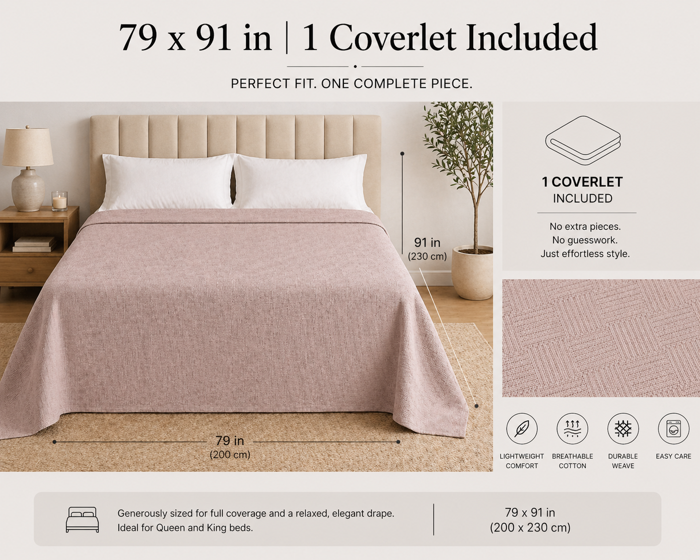 PARK & OZ Turkish Cotton Coverlet, 79 x 91 Inches, Checkerboard Textured Bedspread, Breathable Tightly Woven Bedding Layer, Made in Turkey (BEIGE)