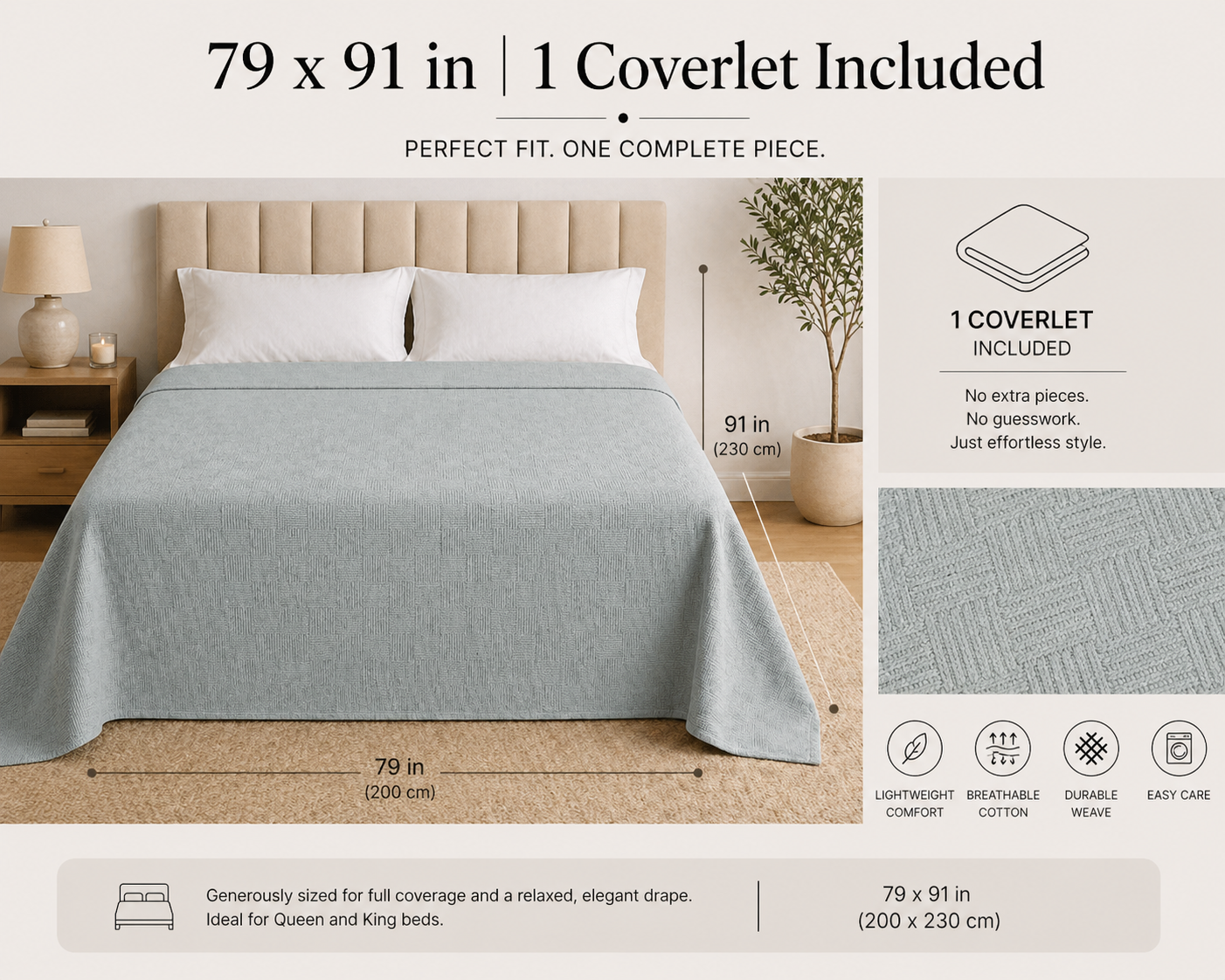 PARK & OZ Turkish Cotton Coverlet, 79 x 91 Inches, Checkerboard Textured Bedspread, Breathable Tightly Woven Bedding Layer, Made in Turkey (BEIGE)