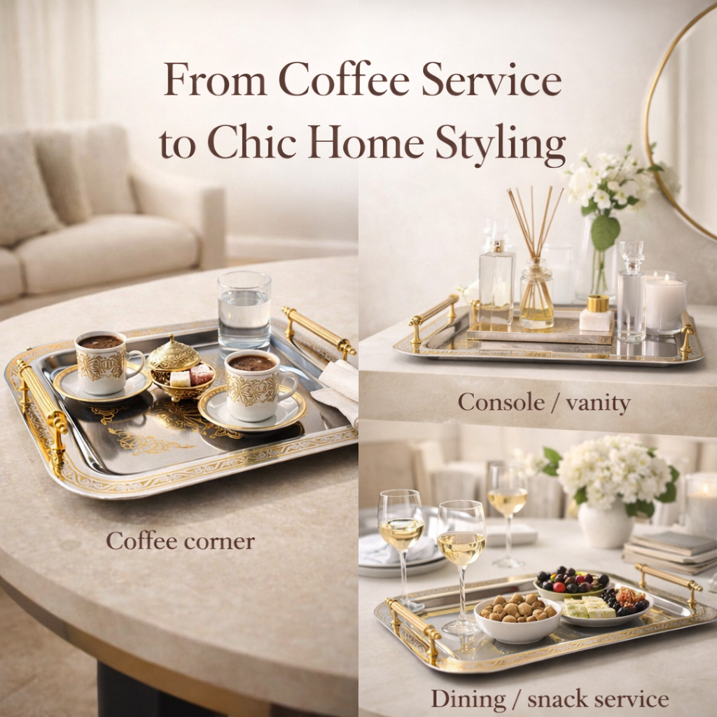 Park&Oz Set of 2 Stackable Stainless-Steel Trays – 14.5'' x 9.8'' Elegant Rectangle Ottoman-Style Decorative Trays – Multi-Purpose Non-Tarnishing Serving Trays for Coffee, Beverages, and Home Decor (SILVER)