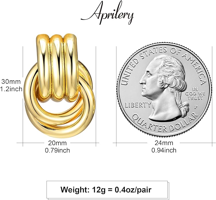 Gold Geometric Drop Dangle Earrings for Women, 18K Chunky Trendy Knot Stud, Small Twisted Link Earring Jewelry