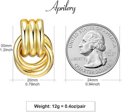 Gold Geometric Drop Dangle Earrings for Women, 18K Chunky Trendy Knot Stud, Small Twisted Link Earring Jewelry