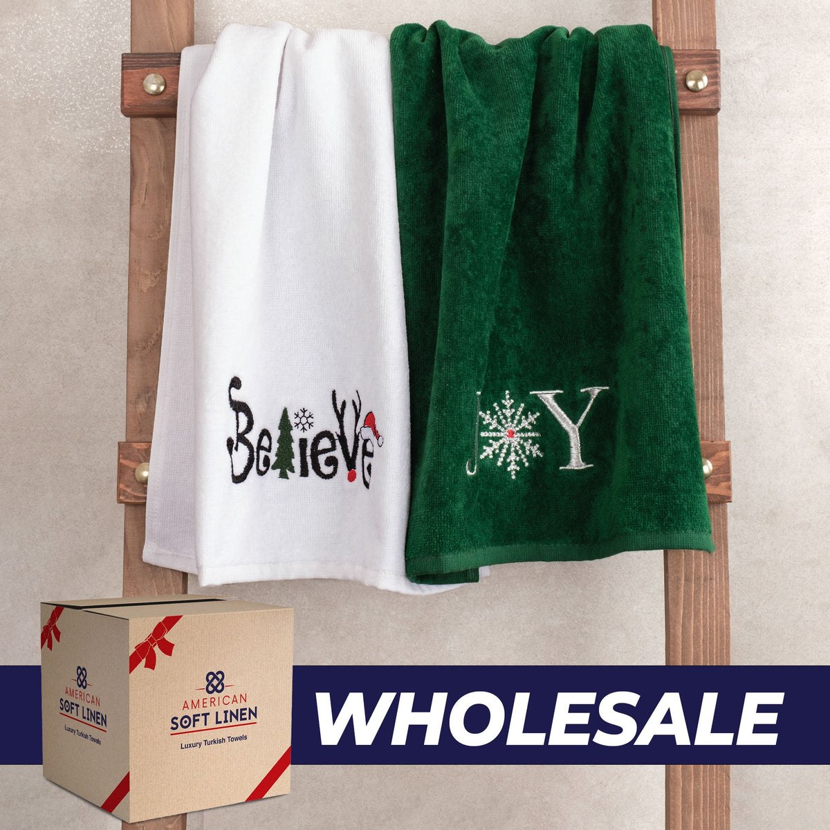 American Soft Linen Christmas Towels Bathroom Set, 2 Packed Embroidered Decorative 100% Cotton Hand Towels, Dish Towels for Decor Xmas - 60 Set Case Pack