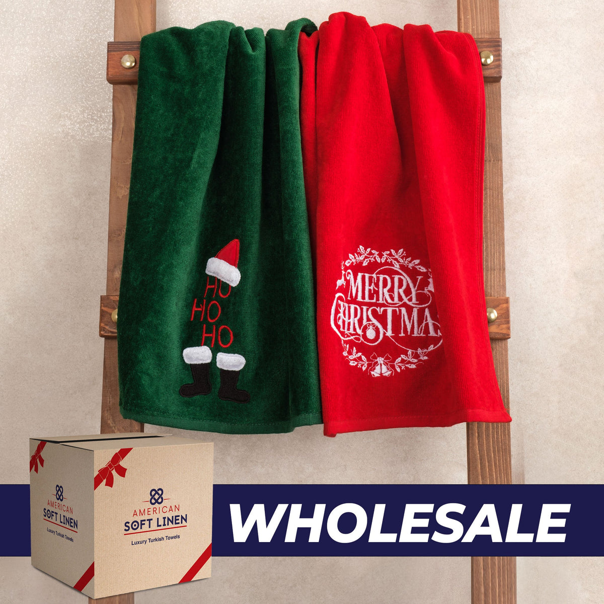 American Soft Linen Christmas Towels Bathroom Set, 2 Packed Embroidered Decorative 100% Cotton Hand Towels, Dish Towels for Decor Xmas - 60 Set Case Pack