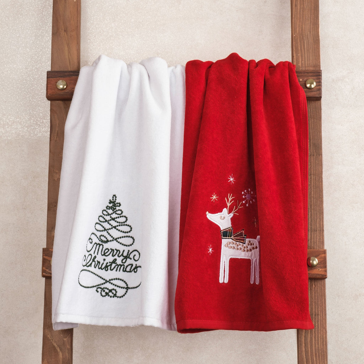 American Soft Linen Christmas Towels Bathroom Set, 2 Packed Embroidered Decorative 100% Cotton Hand Towels, Dish Towels for Decor Xmas - 60 Set Case Pack