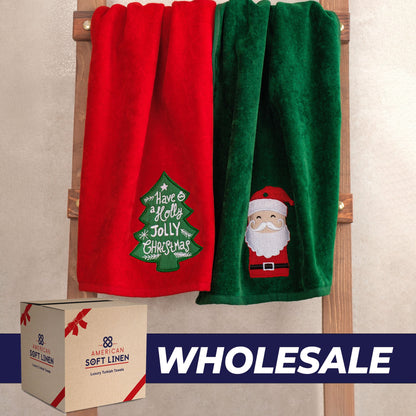 American Soft Linen Christmas Towels Bathroom Set, 2 Packed Embroidered Decorative 100% Cotton Hand Towels, Dish Towels for Decor Xmas - 60 Set Case Pack