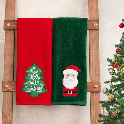 American Soft Linen Christmas Towels Bathroom Set, 2 Packed Embroidered Decorative 100% Cotton Hand Towels, Dish Towels for Decor Xmas - 60 Set Case Pack