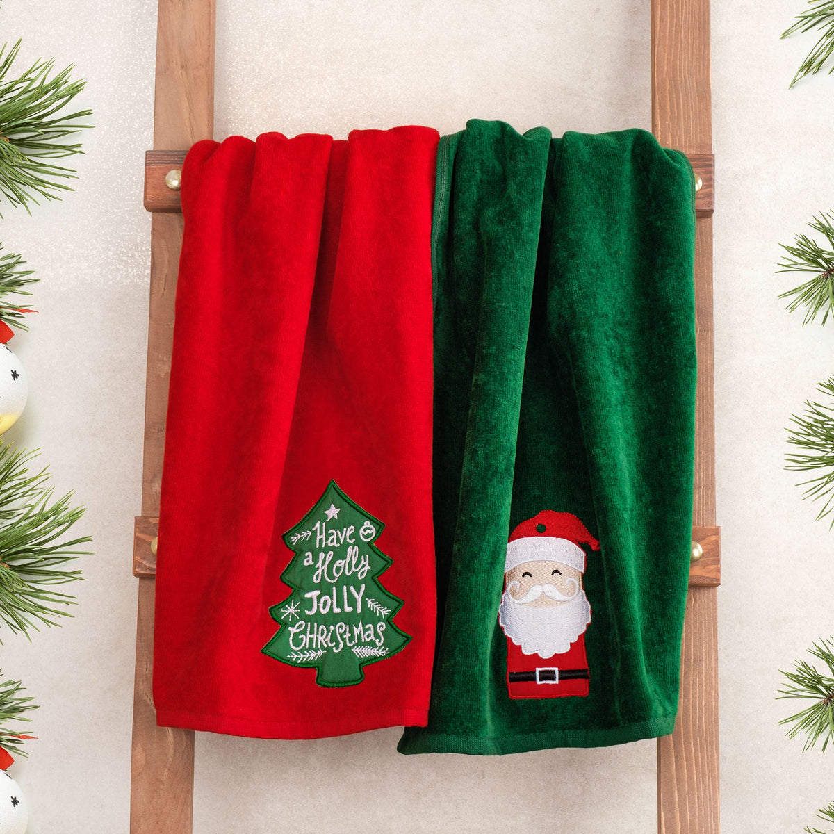 American Soft Linen Christmas Towels Bathroom Set, 2 Packed Embroidered Decorative 100% Cotton Hand Towels, Dish Towels for Decor Xmas - 60 Set Case Pack
