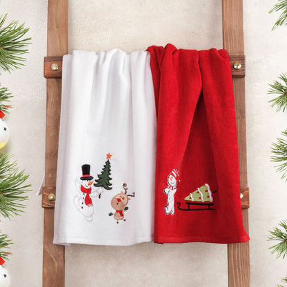 American Soft Linen Christmas Towels Bathroom Set, 2 Packed Embroidered Decorative 100% Cotton Hand Towels, Dish Towels for Decor Xmas - 60 Set Case Pack