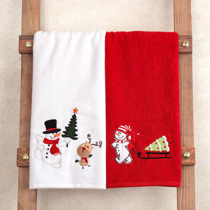 American Soft Linen Christmas Towels Bathroom Set, 2 Packed Embroidered Decorative 100% Cotton Hand Towels, Dish Towels for Decor Xmas - 60 Set Case Pack