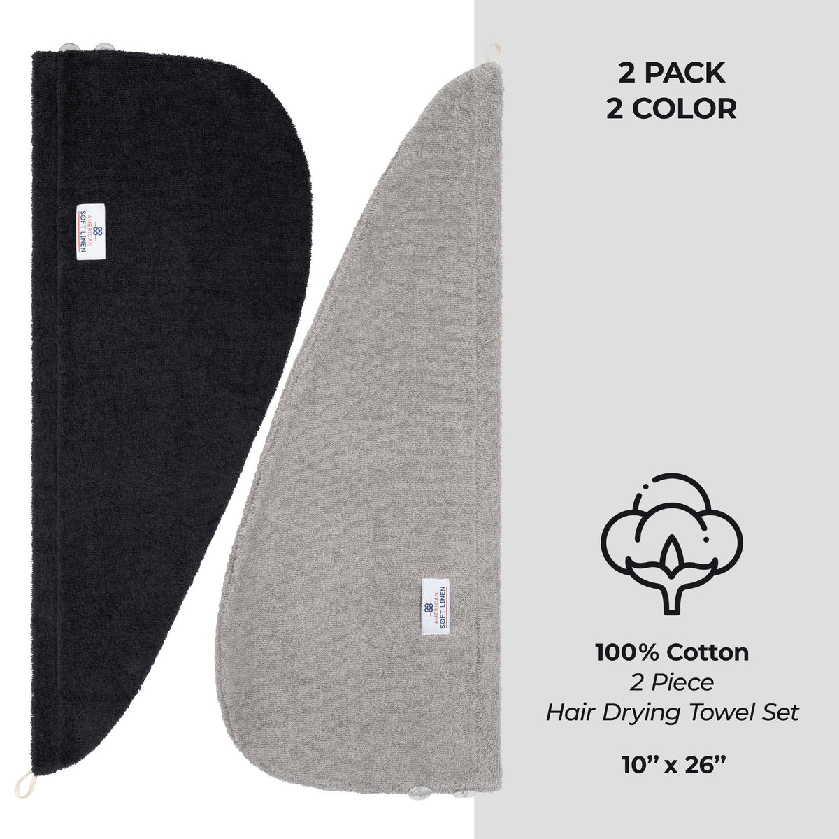 American Soft Linen 100% Cotton Hair Drying Towels for Women, 2 Pack Head Towel Cap - 75 Set Case Pack