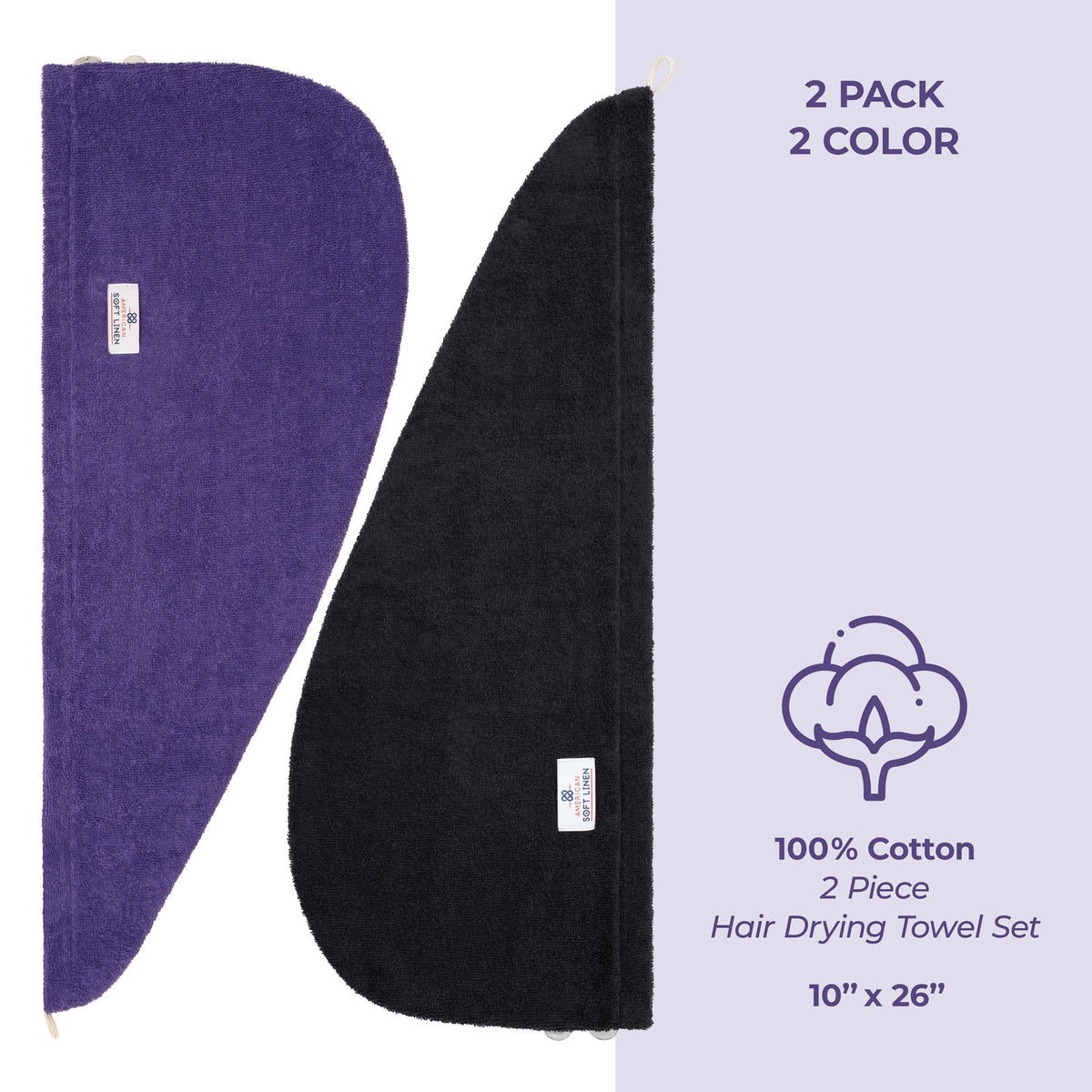 American Soft Linen 100% Cotton Hair Drying Towels for Women, 2 Pack Head Towel Cap - 75 Set Case Pack