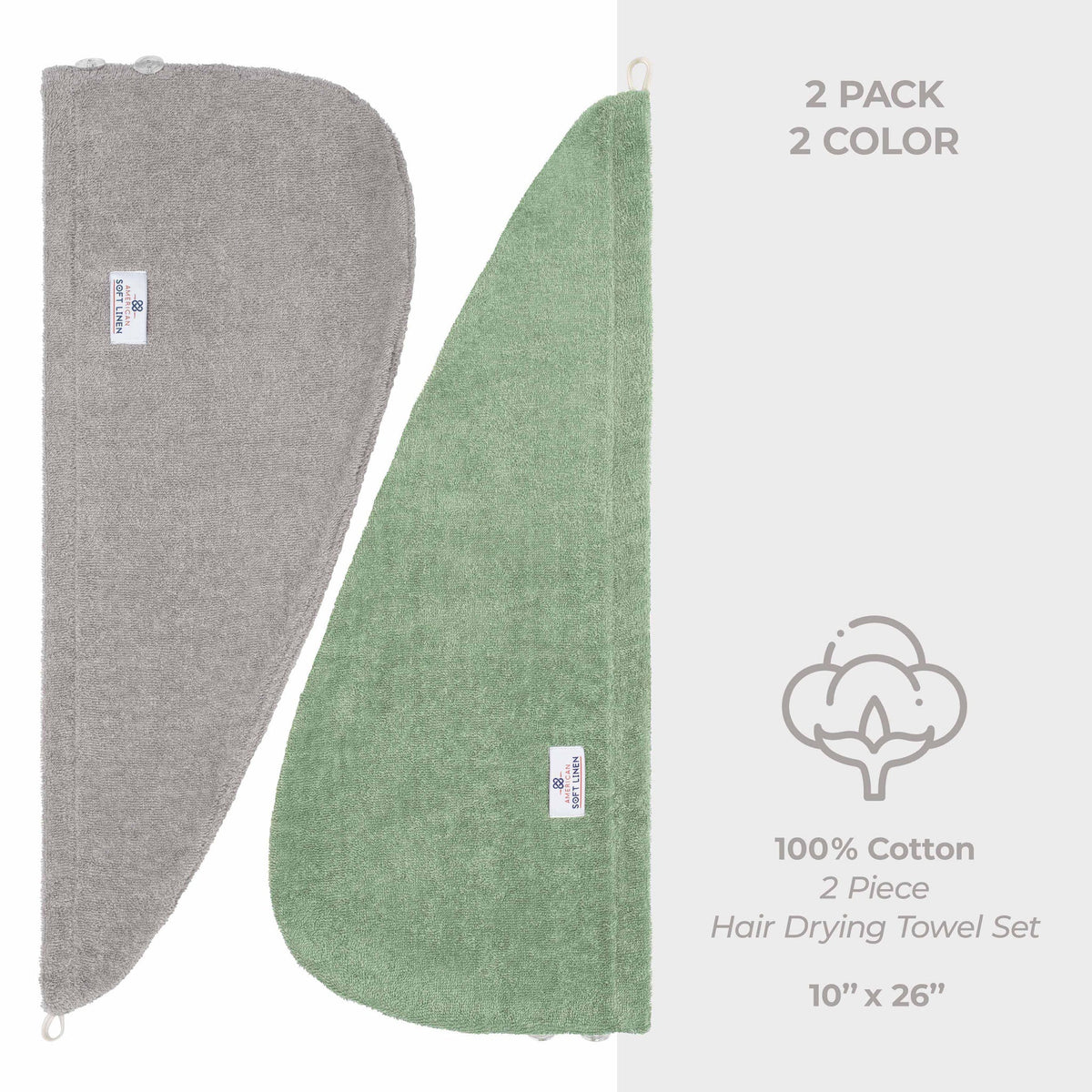 American Soft Linen 100% Cotton Hair Drying Towels for Women, 2 Pack Head Towel Cap - 75 Set Case Pack