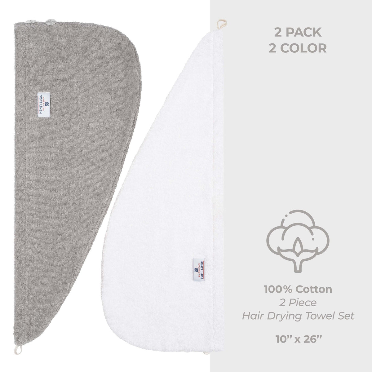 American Soft Linen 100% Cotton Hair Drying Towels for Women, 2 Pack Head Towel Cap - 75 Set Case Pack