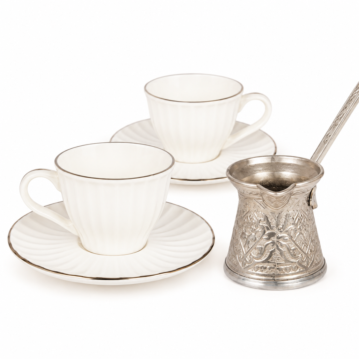 Acar SET822BE Charisma two-cup set with silver-tone coffee pot — AI-assisted detail view
