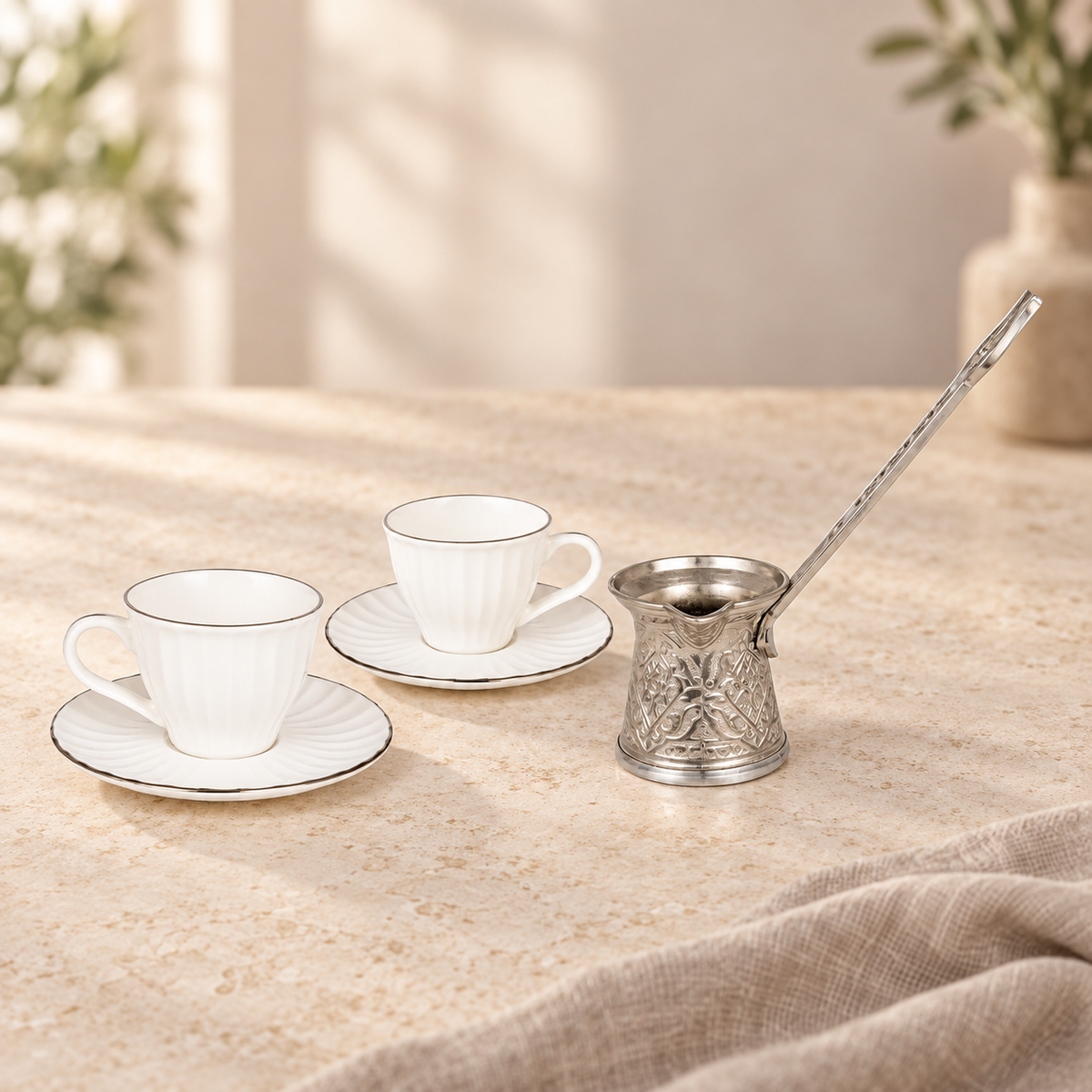 Acar SET822BE Charisma two-cup set with silver-tone coffee pot — AI-assisted cafe table scene