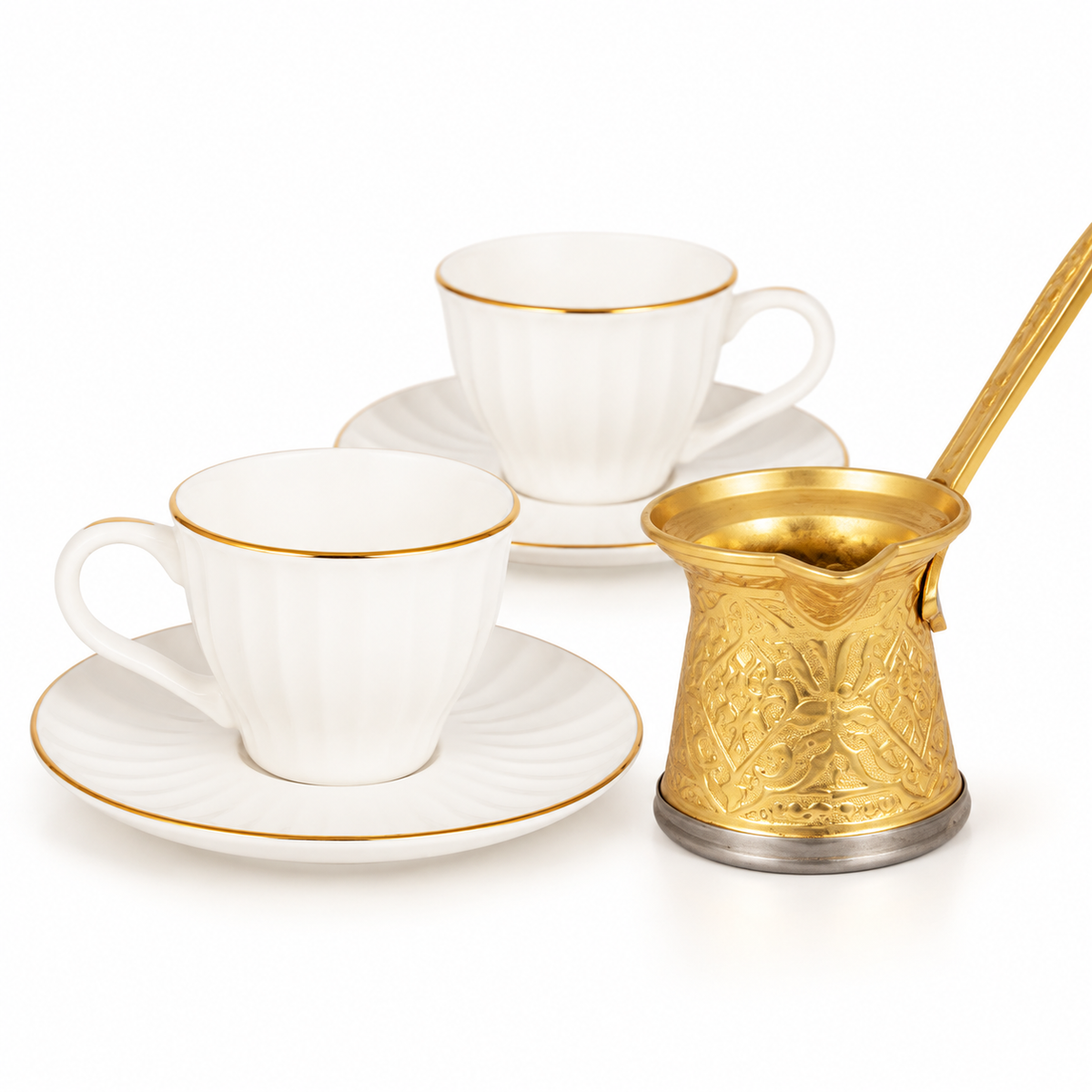 Acar SET822SA Charisma two-cup set with gold-tone coffee pot — AI-assisted detail view