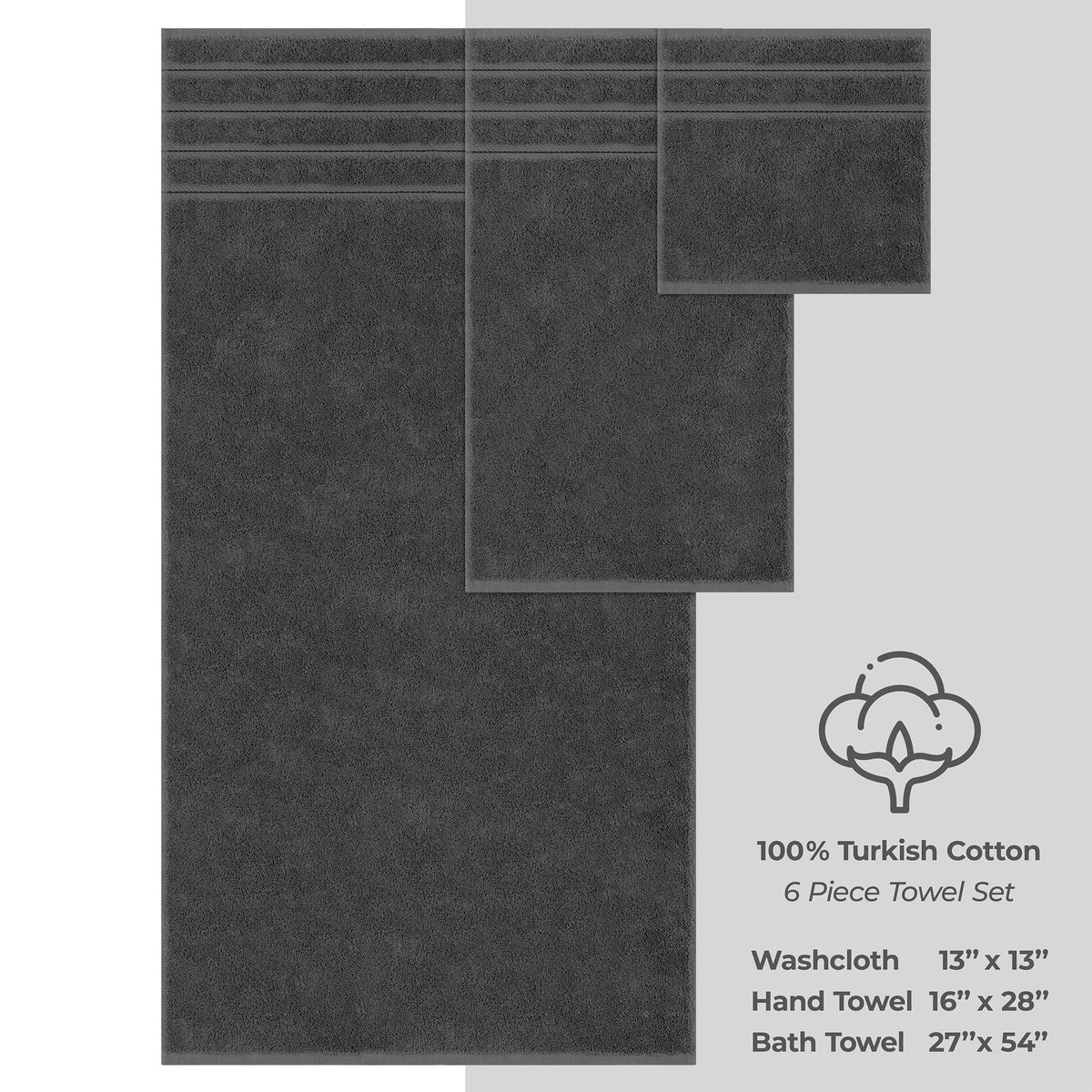 6 Piece 100% Cotton Turkish Bulk Bath Towels - Wholesale Premium Towel Sets - 10 Set Case Pack