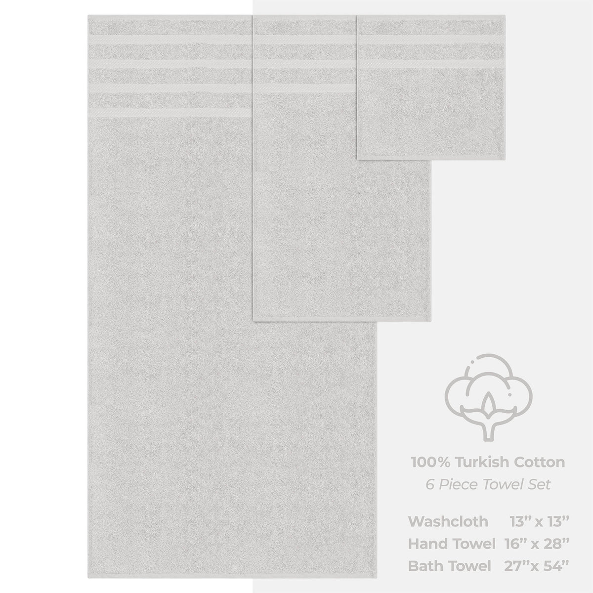 6 Piece 100% Cotton Turkish Bulk Bath Towels - Wholesale Premium Towel Sets - 10 Set Case Pack