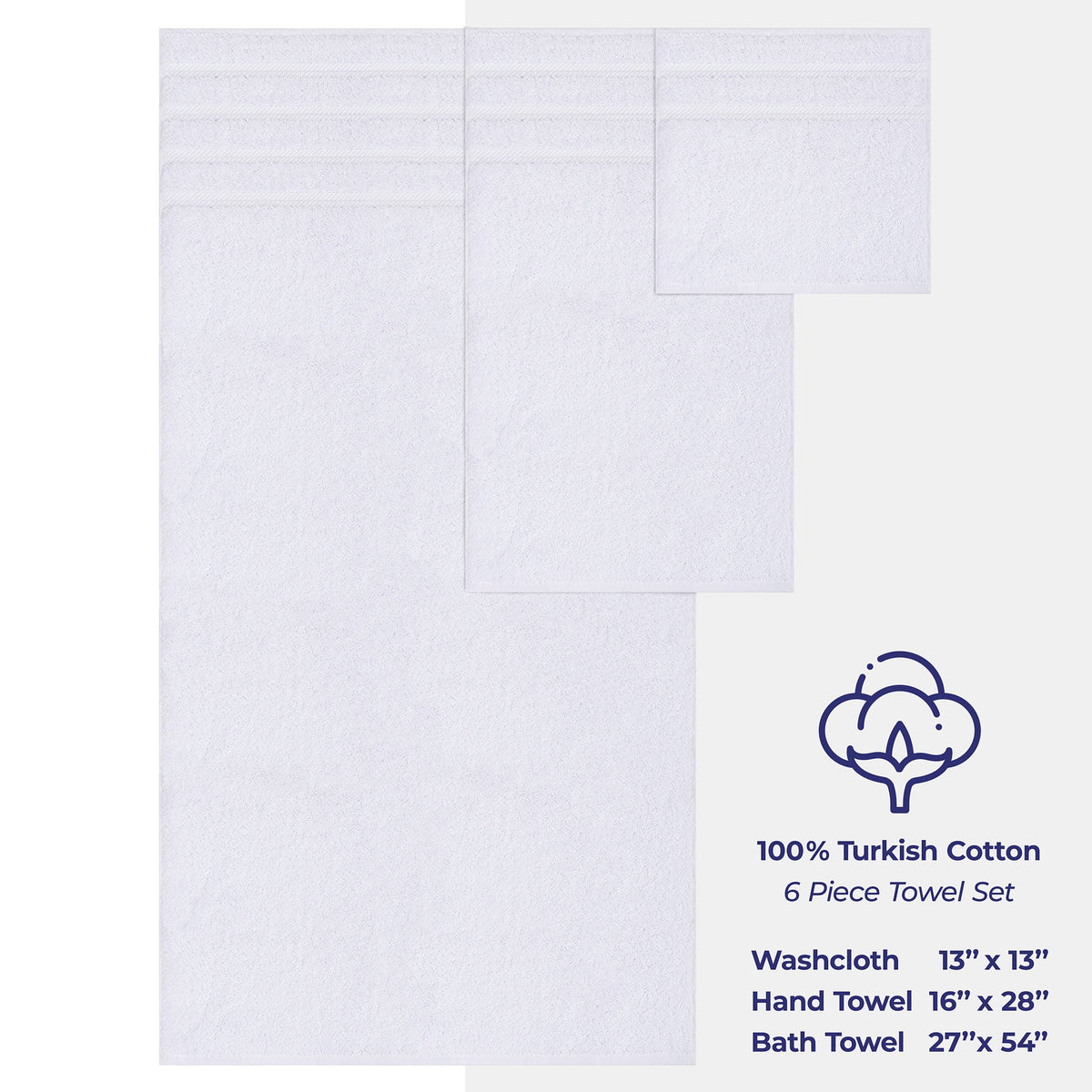 6 Piece 100% Cotton Turkish Bulk Bath Towels - Wholesale Premium Towel Sets - 10 Set Case Pack