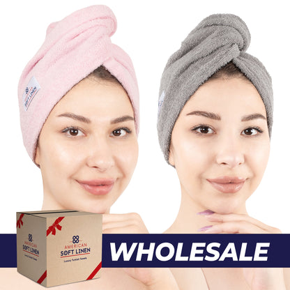 American Soft Linen 100% Cotton Hair Drying Towels for Women, 2 Pack Head Towel Cap - 75 Set Case Pack
