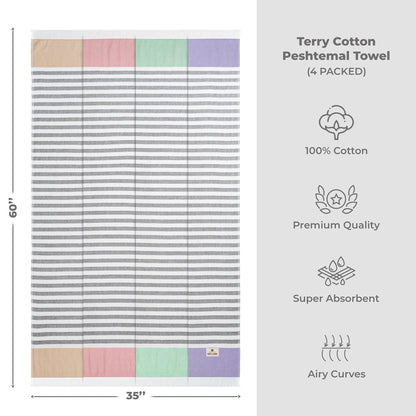4 Packed Terry Peshtemal and Beach Towel, Mediterranean Collection, 35" x 60",  Modern & Traditional Turkish Towels - 11 Set Case Pack