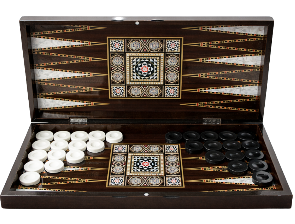Open pearl-pattern Turkish backgammon board with black and white checkers on a white background