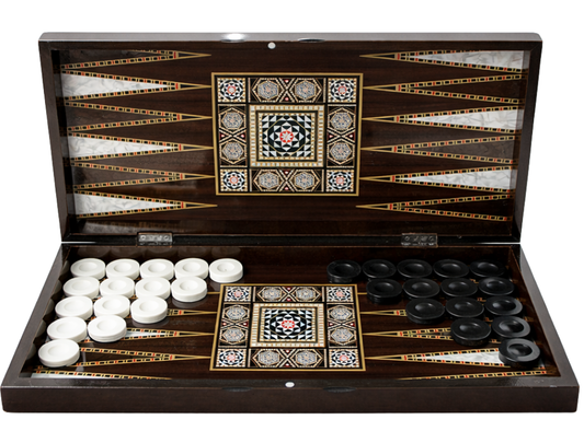 Open pearl-pattern Turkish backgammon board with black and white checkers on a white background