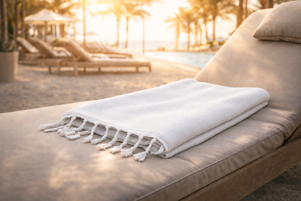 Plain white Turkish cotton towel folded on a poolside lounger
